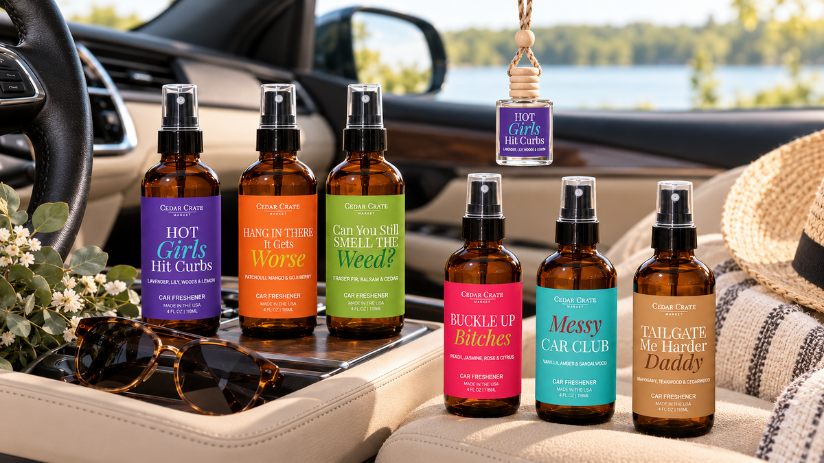 Cedar Crate Market car freshener spray and and hanging car diffuser displayed together