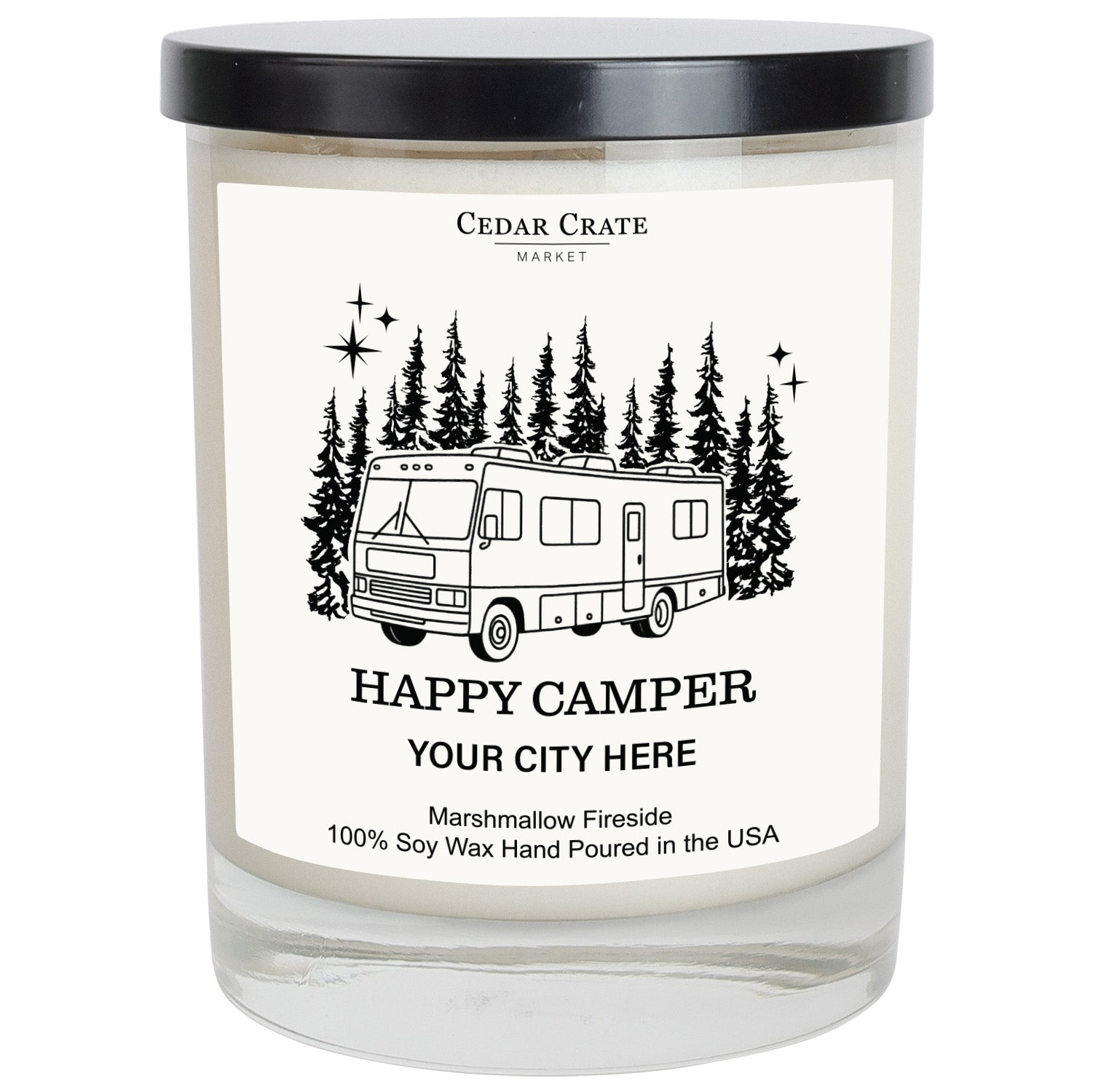 Happy Camper Motorhome Forest Name Drop White Candle