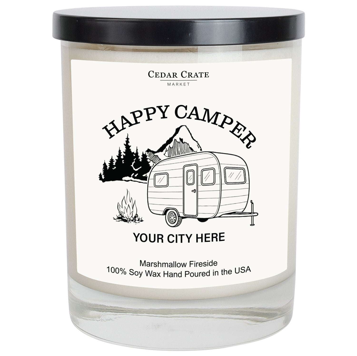 Happy Camper Retro Camper Mountain Name Drop White Candle