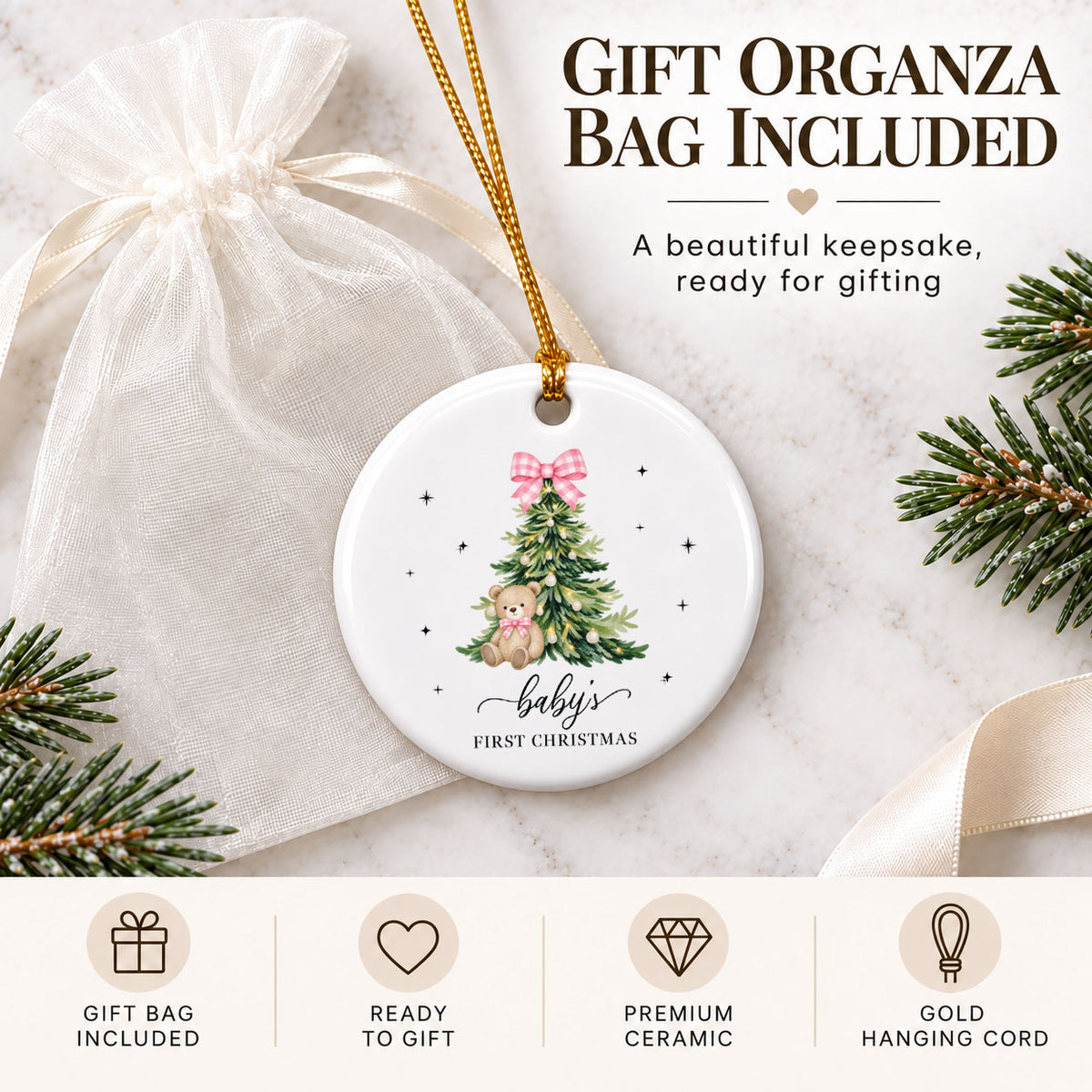 Baby's First Christmas Ornament - Pink Keepsake Heart