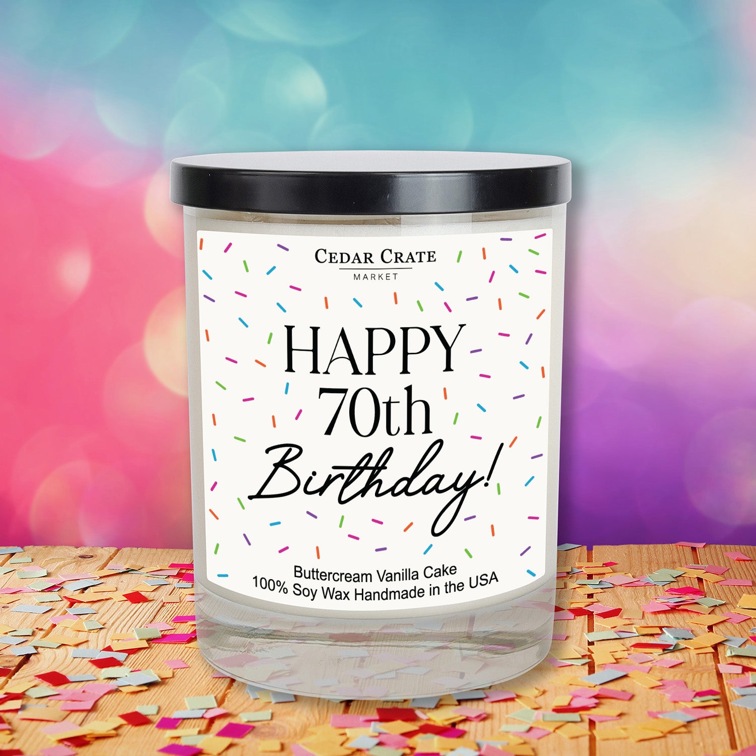 Happy 70th Birthday Sprinkles White Candle