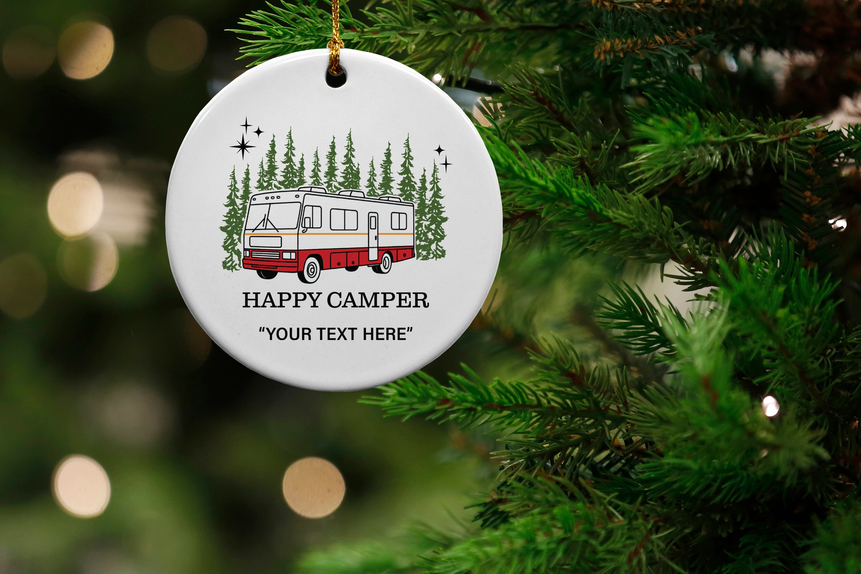 Happy Camper Motorhome Forest Name Drop Ornament - 6 Pack