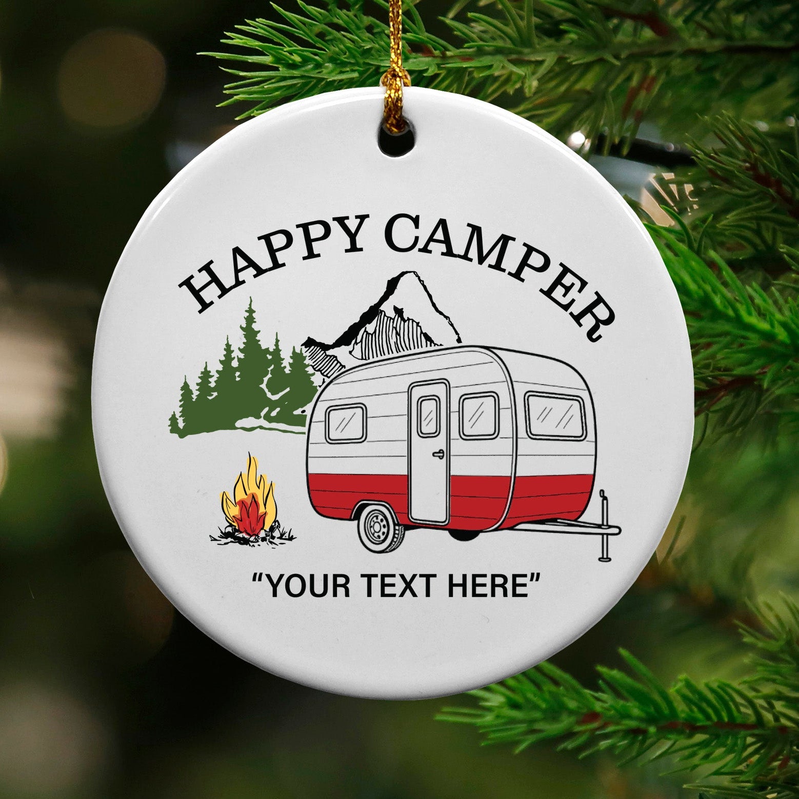 Custom NameDrop Ornament Happy Camper Retro Camper Mountain - MOQ 6