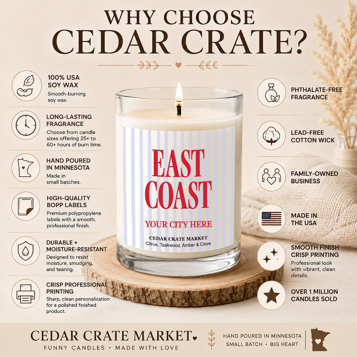 Souvenir Candles - East Coast Stripes Name Drop, MOQ 6