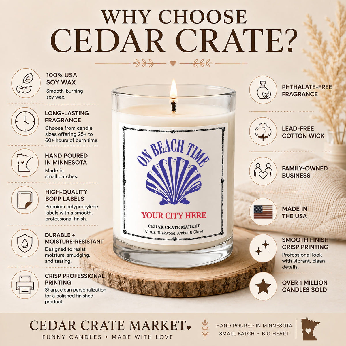 Souvenir Candles - On Beach Time Clam Shell Name Drop