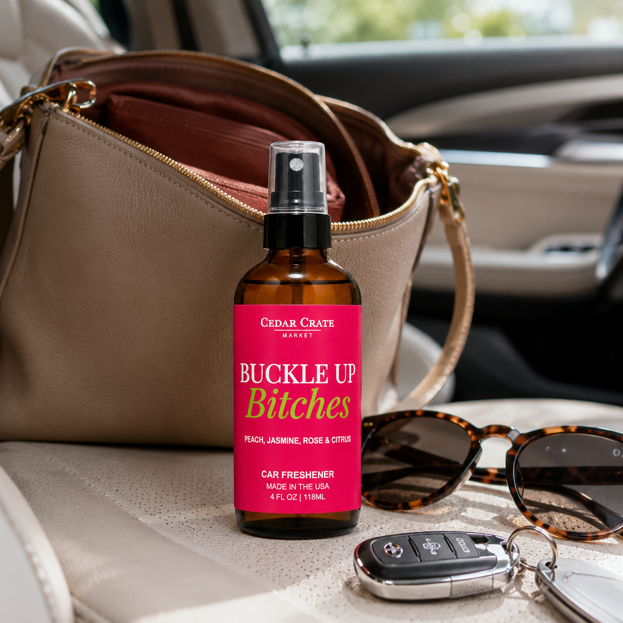 Car Freshies - Buckle Up Bitches 4 oz Velvet Peach Spray