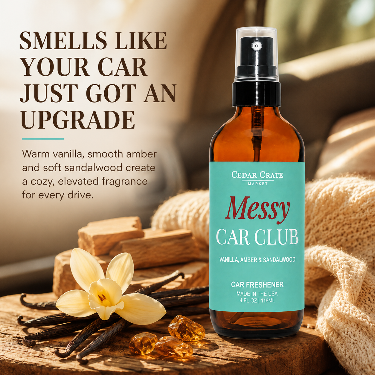 Car Freshies - Messy Car Club Amber Vanilla Woods Spray