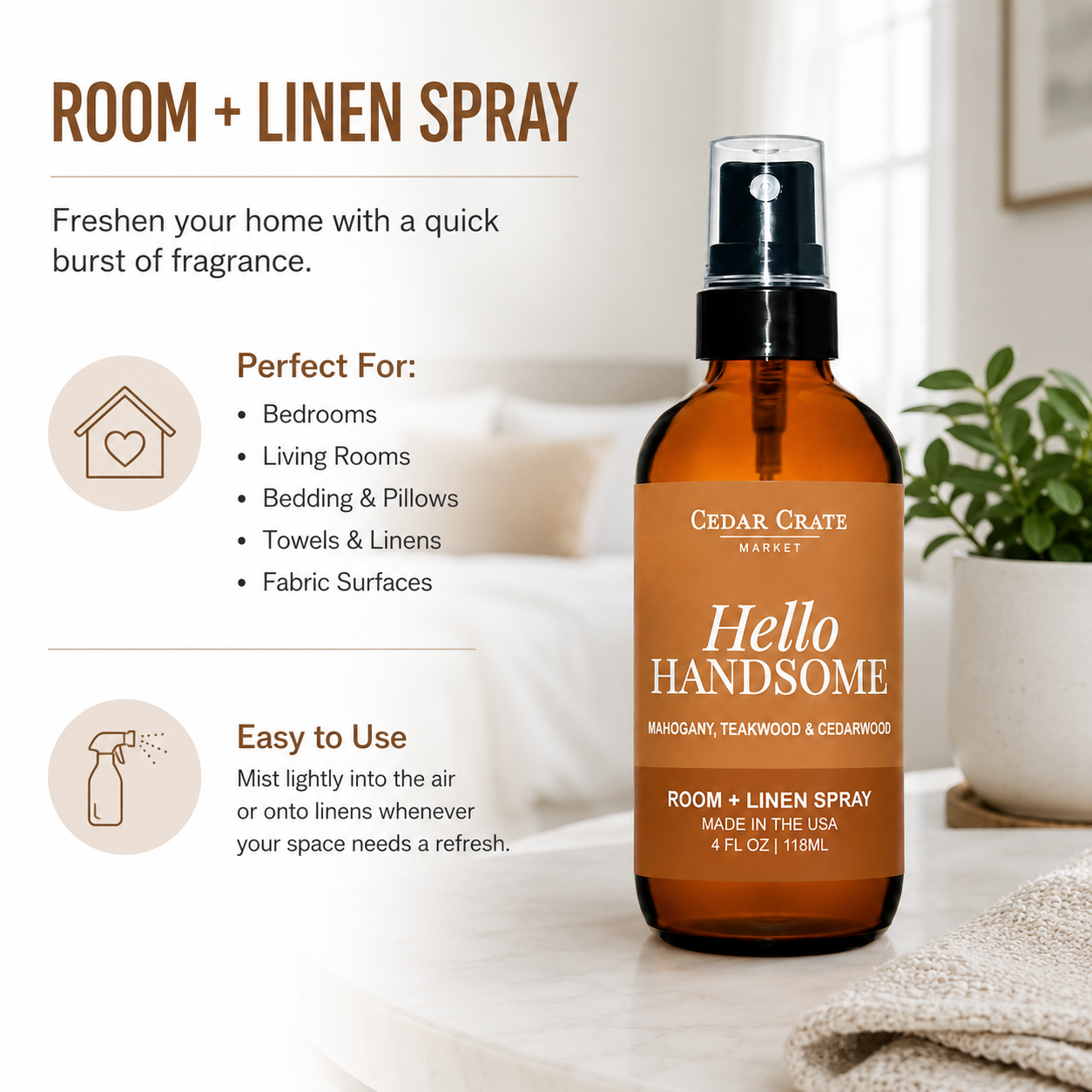 Funny Room Spray - Hello Handsome Linen Mist Rustic Mahogany