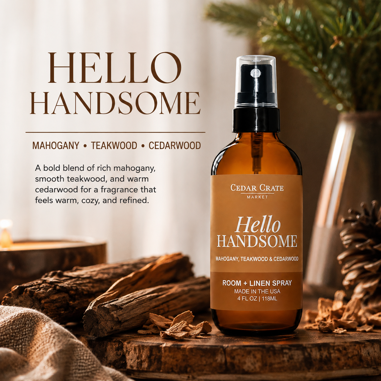 Funny Room Spray - Hello Handsome Linen Mist Rustic Mahogany