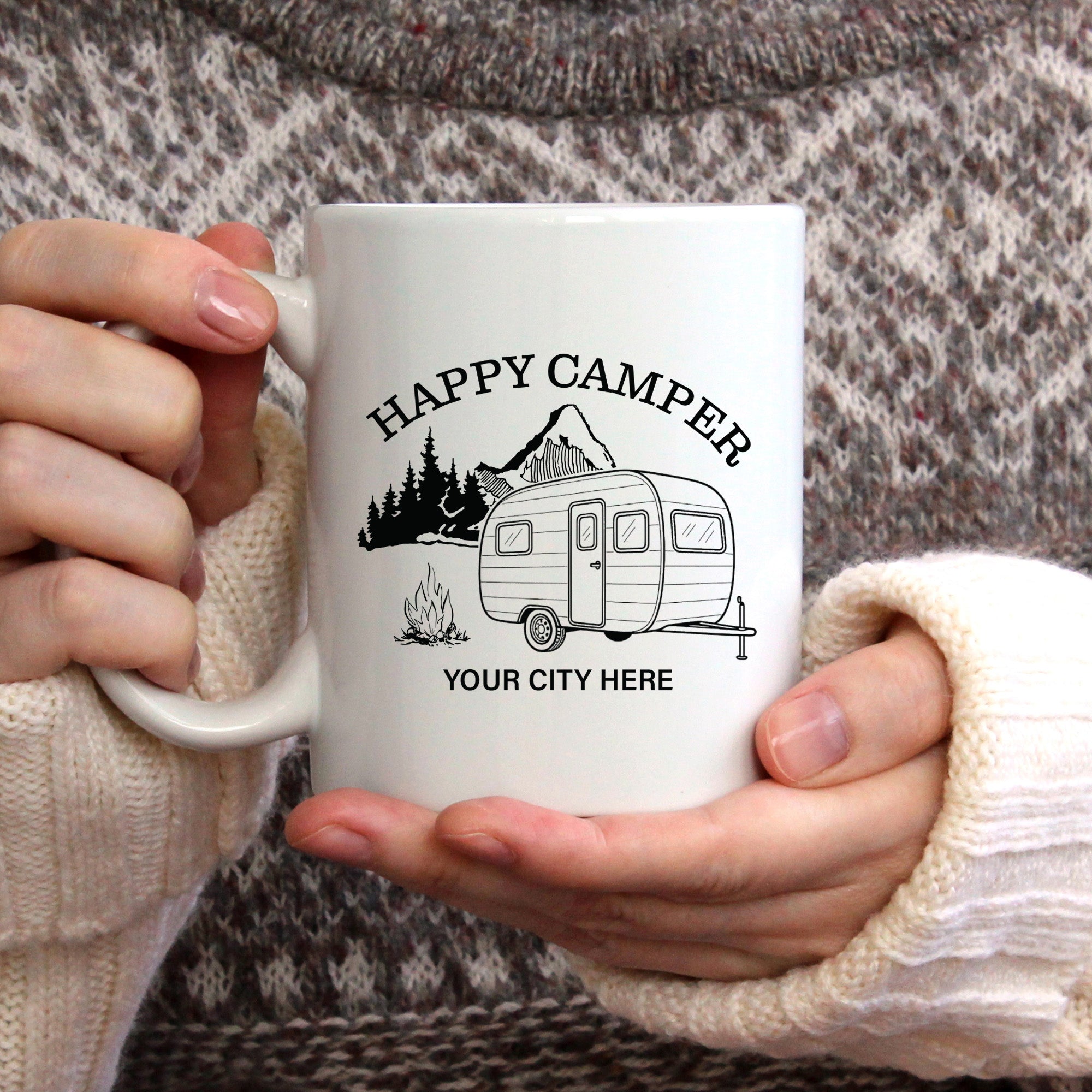 Happy Camper Retro Camper Mountains Name Drop Mug