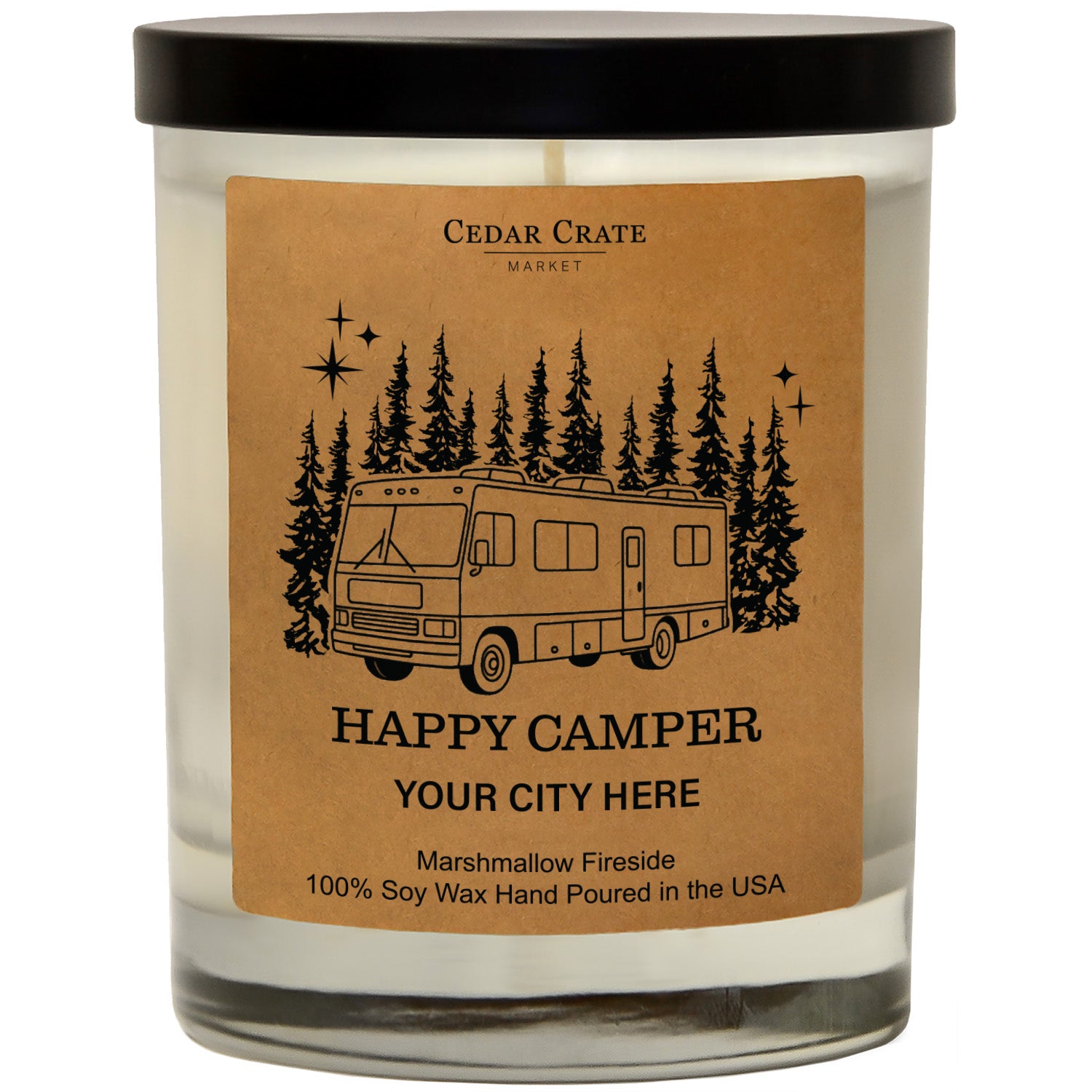 Happy Camper Motorhome Forest Name Drop Kraft Candle
