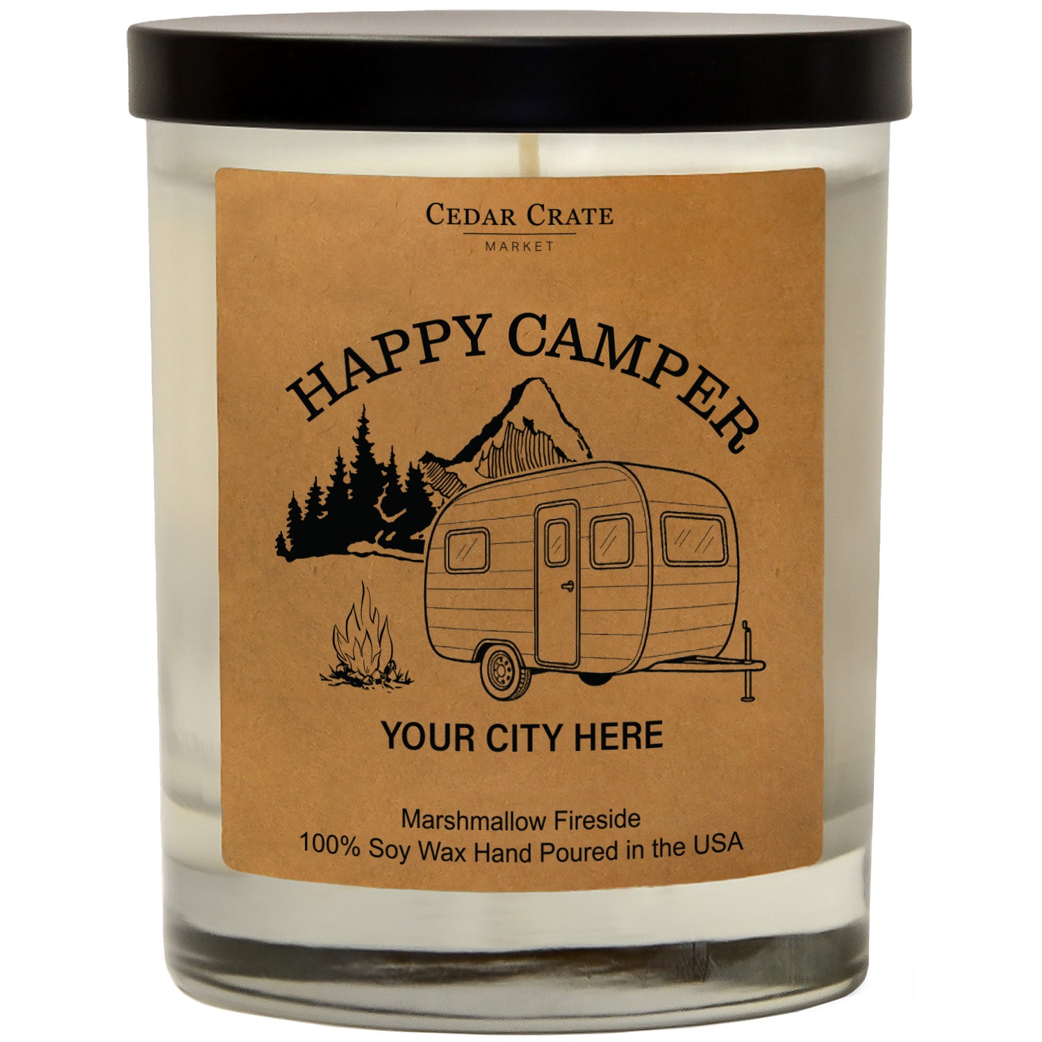 Happy Camper Retro Camper Mountains Name Drop Kraft Candle