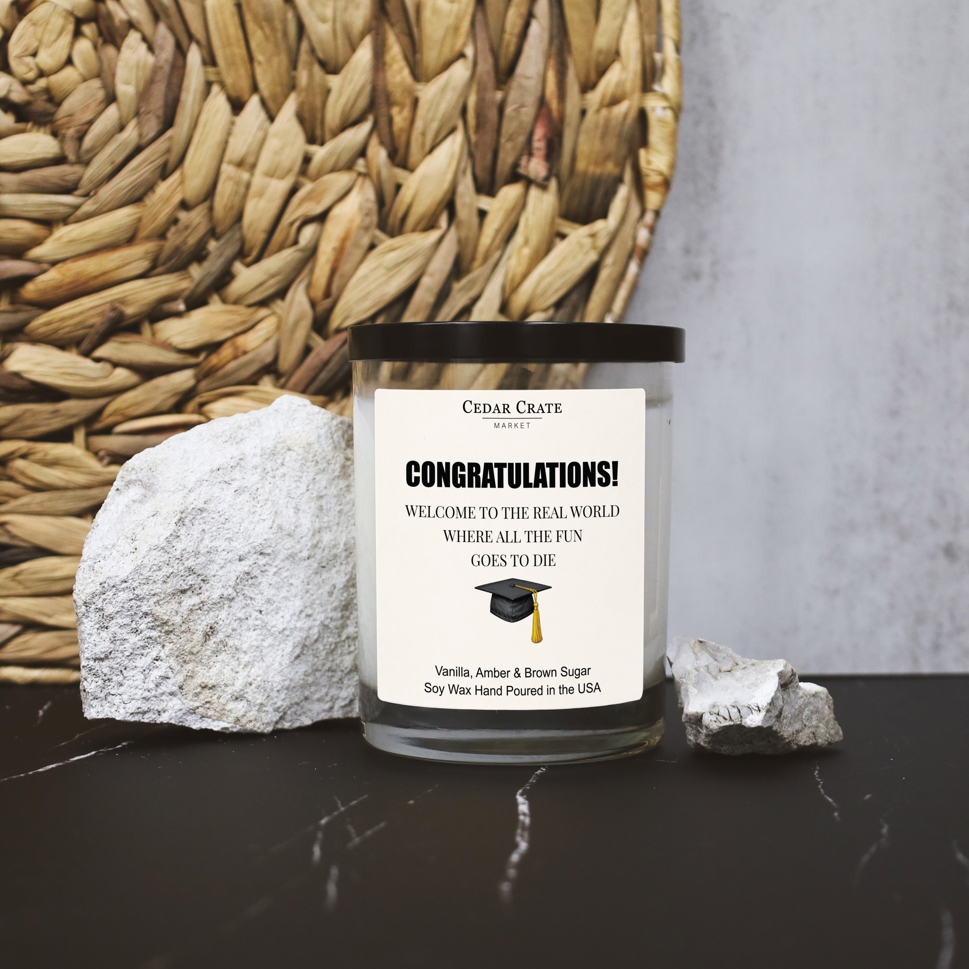 Congratulations! Welcome To The Real World White Signature Candle