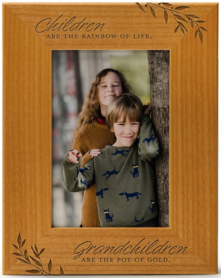 Children are the rainbow of life. Grandchildren are the pot of gold - Engraved Natural Wood Photo Frame