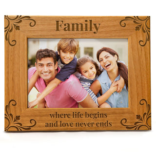 Family Where Life Begins And Love Never Ends - Engraved Natural Wood Photo Frame