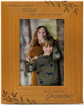 There are these kids who stole my heart, they call me Grandma - Engraved Natural Wood Photo Frame