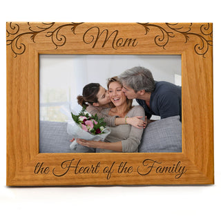 Mom The Heart Of The Family - Engraved Natural Wood Photo Frame