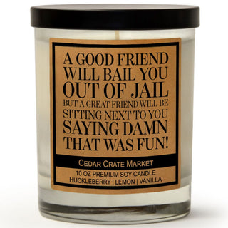 A Good Friend Will Bail You Out of Jail. But a Great Friend Will Be Sitting Next To You Saying Damn That Was Fun Soy Candle